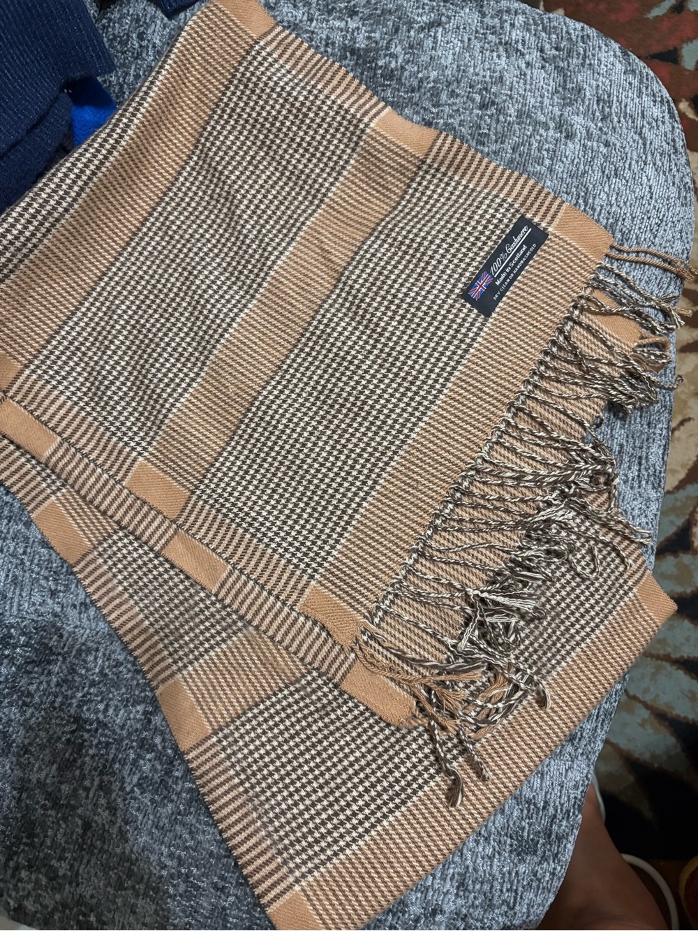 Cashmere Plaid Tan & Brown Scarf with Fringe